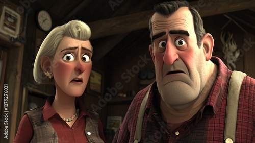 Concerned senior couple in animated cabin interior. Possible stock photo use photo