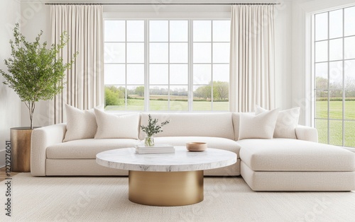 Eclectic living room with a large ivory boucle sectional, a round brass coffee table with a marble top, neutral linen curtains, and a cozy wool rug.