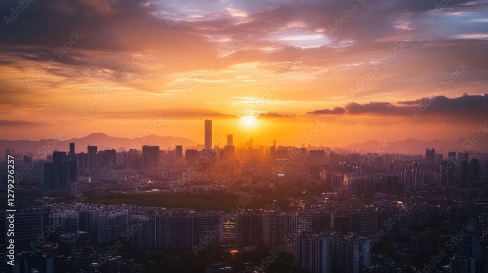Obraz premium Vibrant sunset over sprawling cityscape.