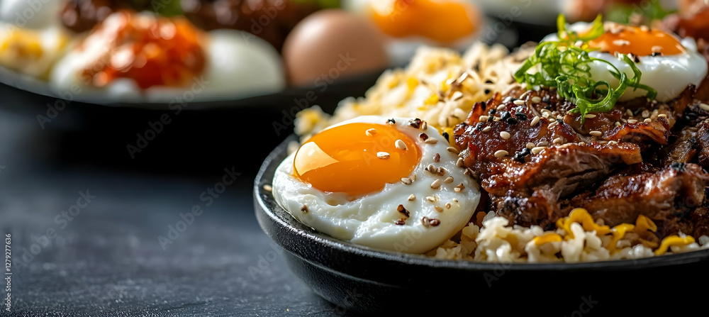 Close-up of a delicious Asian-inspired noodle bowl with fried eggs, savory meat, and sesame seeds. Perfect for food blogs or restaurant menus Close-up of a delicious Asian-inspired noodle bowl with fried eggs, savory meat, and sesame seeds. Perfect for food blogs or restaurant menus