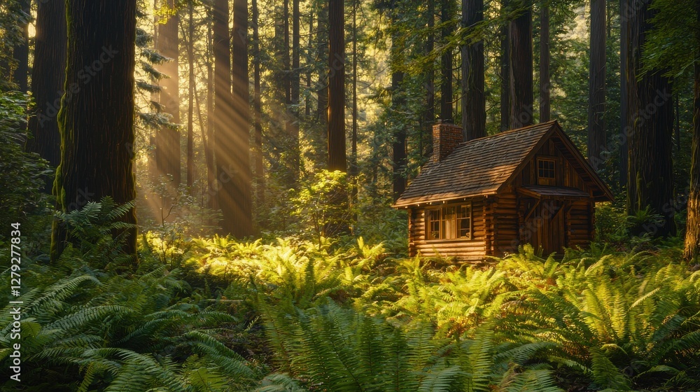 Cozy wooden cabin nestled in lush green forest with sunlight rays