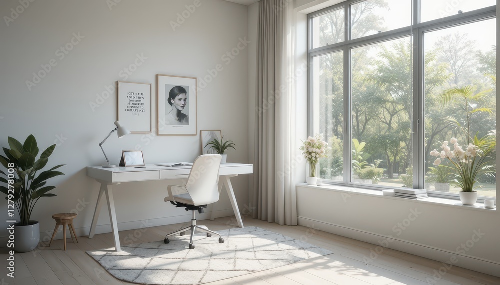 Fototapeta premium Bright and Cozy Home Office with Natural Light and Greenery