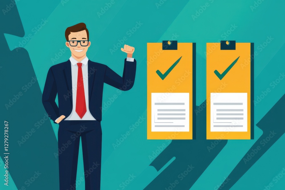 Businessmen tick the boxes for standardisation certification and quality control as well as for quality assurance quality management and quality improvement Businessmen tick the boxes for standardisation certification and quality control as well as for quality assurance quality management and quality improvement