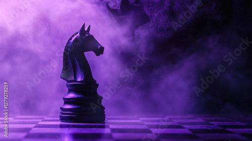 Black Chess Knight on Board Surrounded by Purple Mystic Smoke