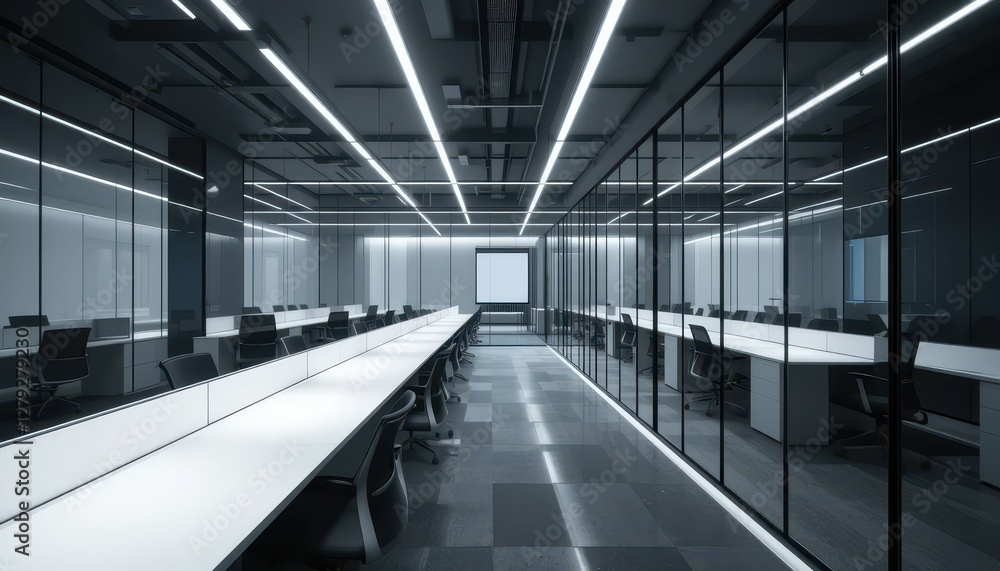 Fototapeta premium Modern Office Interior with Bright Lighting and Minimalist Design
