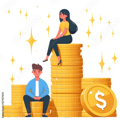 Man and woman sitting on stack of golden money coins with sparkle. Creative financial concept of wealth, rich or savings