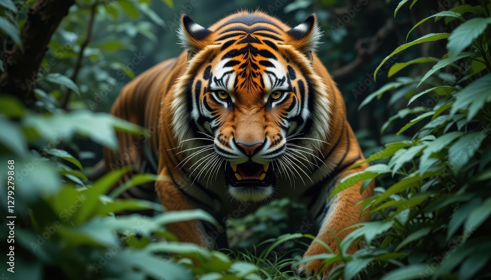 Fototapeta premium Fierce Tiger Stalking Through Lush Green Jungle Undergrowth