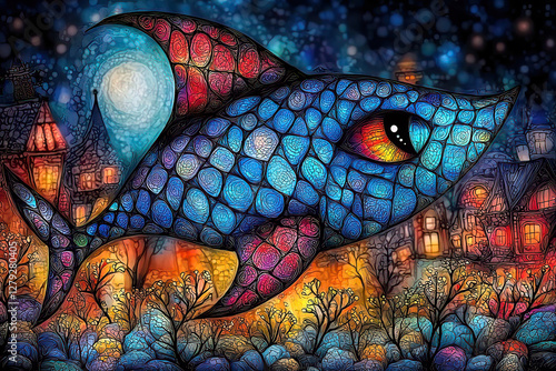 Majestic animal art displayed at the art station. Colorful Abstract Shark Swimming Through Enchanted Night Scene