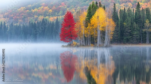 Autumn Trees Reflected In Misty Lake Water