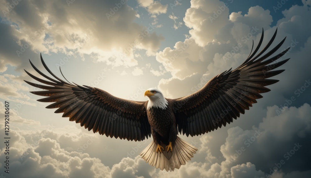 Obraz premium Majestic Eagle Soaring Through Dramatic Cloudy Sky at Sunrise