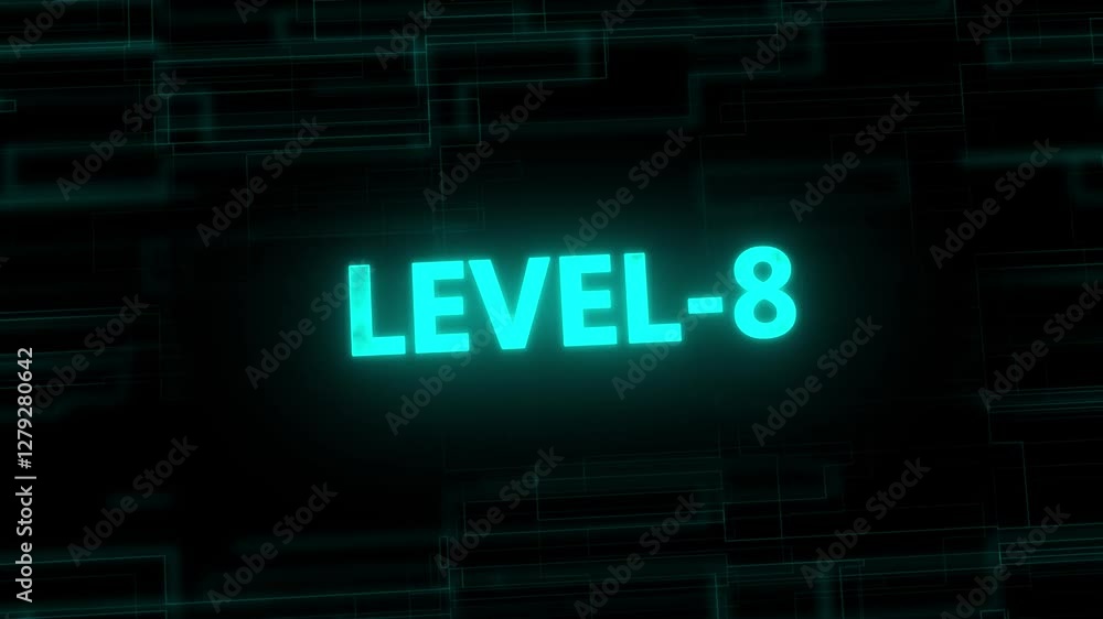 Level-8 text glowing animation with technology background. Level-8 text glowing animation with technology background.