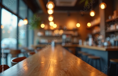 Wallpaper Mural Blurred interior modern cafe with bokeh lights, wooden bar counter. Cosy warm indoor lighting, stylish decor, trendy urban ambience. Furniture tabletop glossy finish. Social city life, hospitality, Torontodigital.ca