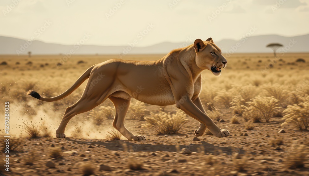 Obraz premium Majestic Lioness Running Gracefully Across Sunlit Desert Landscape