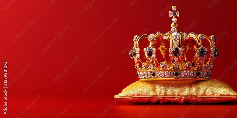 Φωτογραφία Illustration of Royal golden crown with jewels on golden pillow on red background