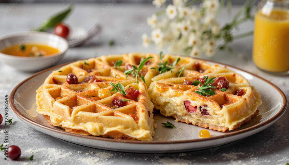 Delicious Liege waffles arranged elegantly with orange juice, morning delight