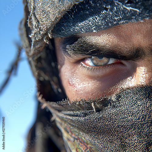 Close-up of a man's intense gaze, desert landscape background, depicting resilience and survival; ideal for adventure, survival, or action game marketing