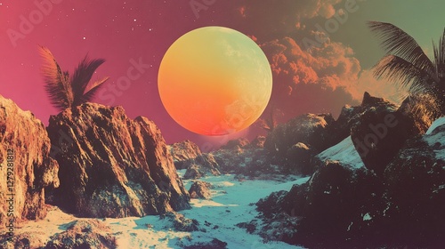 Surreal sunset landscape with large moon, rocks, and palm leaves.
