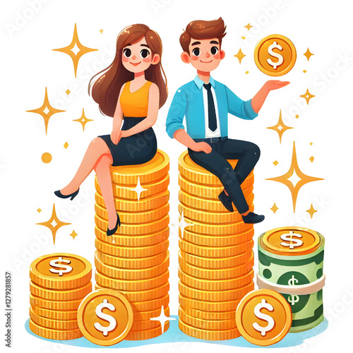 Man and woman sitting on stack of golden money coins with sparkle. Creative financial concept of wealth, rich or savings