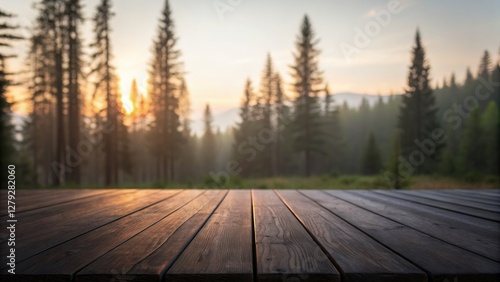 Wooden floor with pine forest background in morning sunrise time