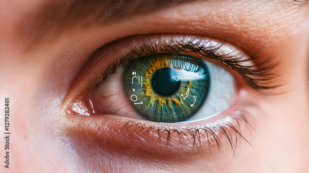Fototapeta premium Close-up of a person's eye with a sun-like reflection in the pupil, showing detail of the iris and eyelashes. Suitable for medical, vision, or beauty-related projects