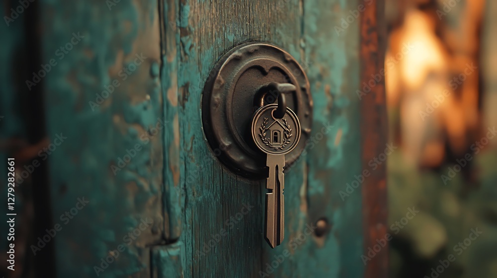 Antique key in weathered teal door lock. Antique key in weathered teal door lock.