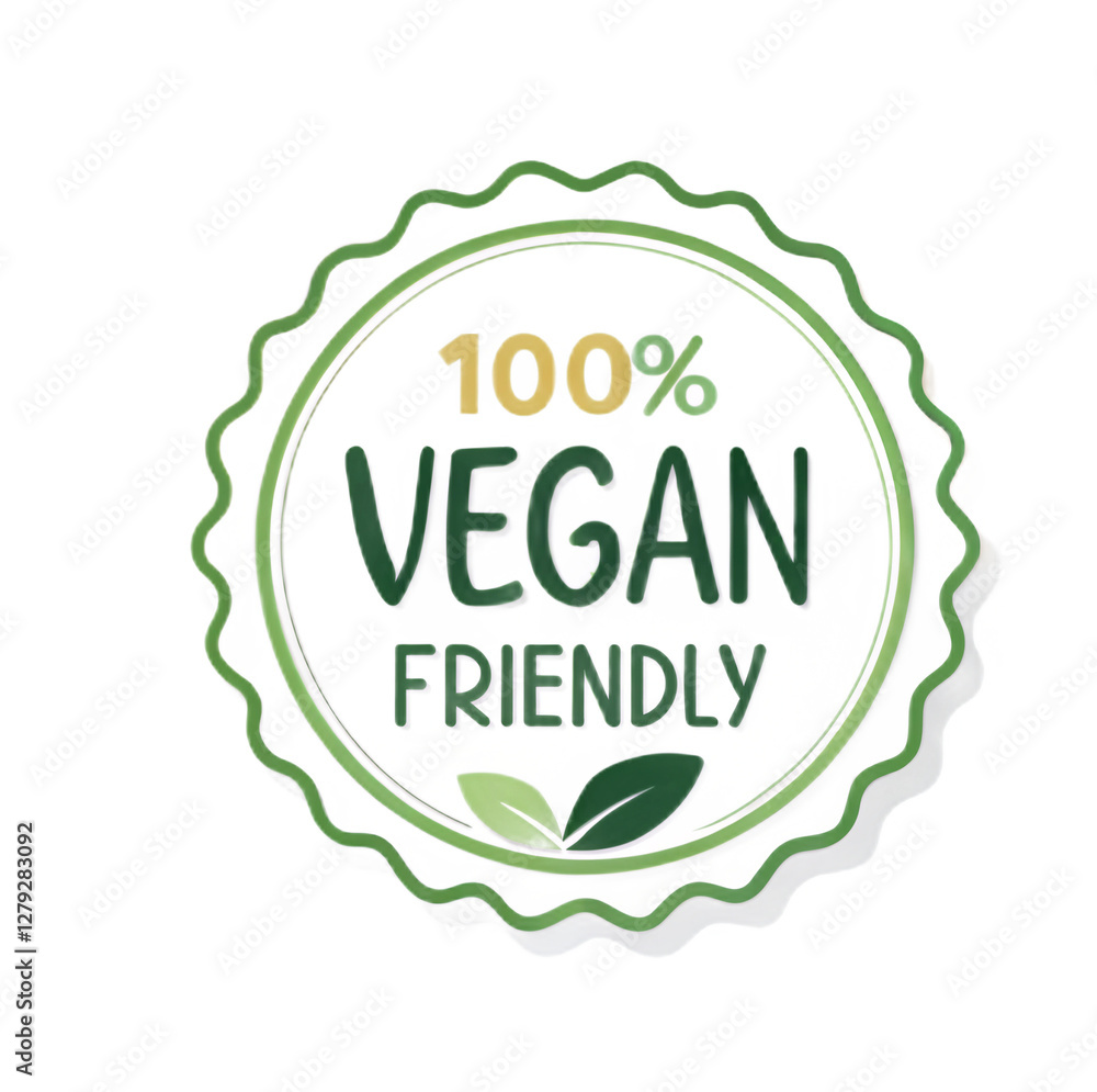100% Vegan Friendly badge with green leaves and circular design promoting plant-based products with copy space 100% Vegan Friendly badge with green leaves and circular design promoting plant-based products with copy space