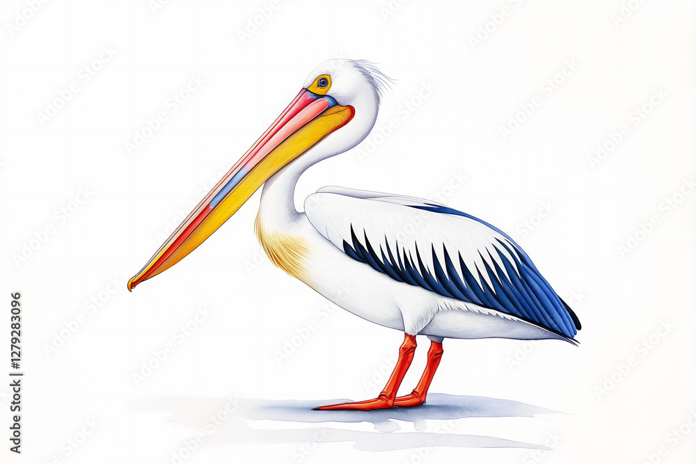 Obraz premium A stylized digital illustration of a pelican standing on water, featuring a long orange beak, white and black plumage, and a reflection in the water, set against a minimalist white background.