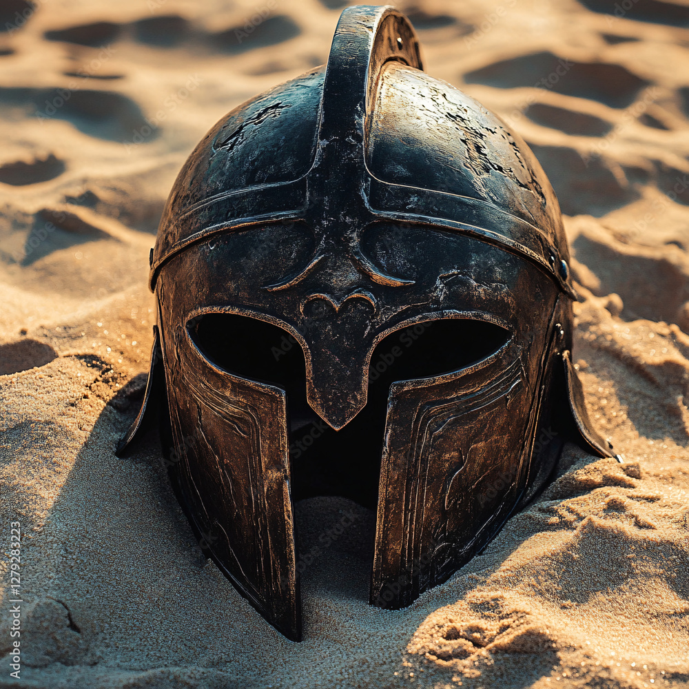 Obraz premium Ancient Gladiator Helmet in Desert: A Symbol of Strength and Craftsmanship