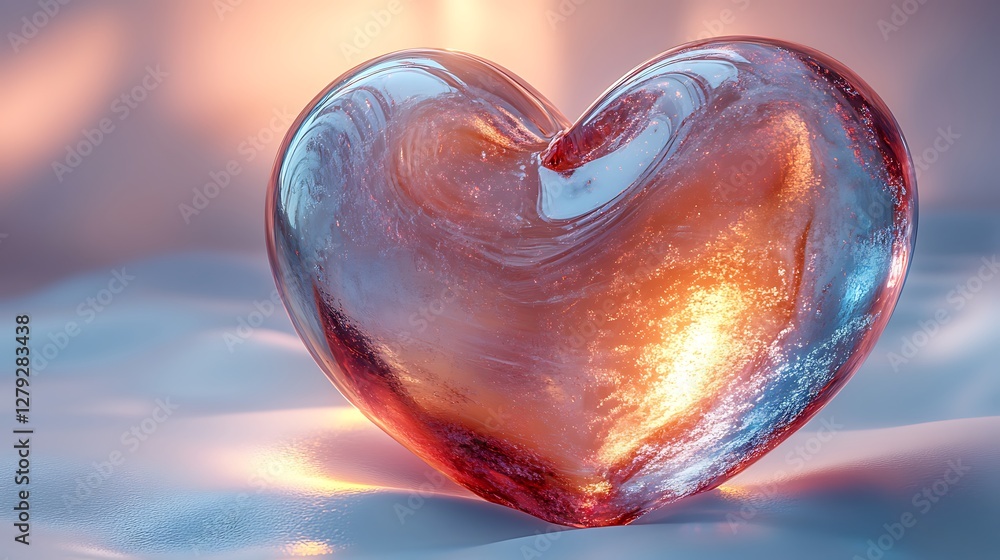 Digital 3D heart with iridescent light reflections and flowing curves Digital 3D heart with iridescent light reflections and flowing curves