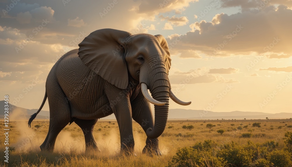 Obraz premium Majestic Elephant Walking Through Golden Savanna at Sunset