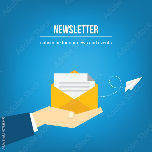 Newsletter. vector illustration of email marketing. subscription to newsletter, news, offers, promotions. a letter and envelope. subscribe, submit. send by mail.