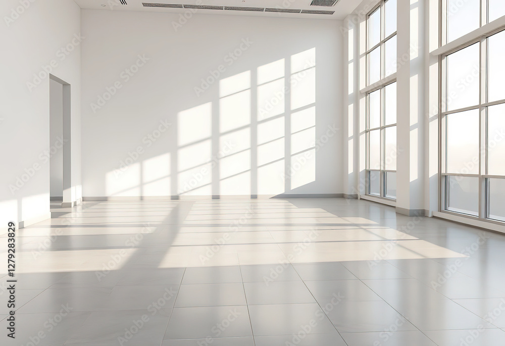 Modern interior with sunlight casting shadows on tiled floor, white empty room with large windows and a clean wall. 3D Rendering Modern interior with sunlight casting shadows on tiled floor, white empty room with large windows and a clean wall. 3D Rendering