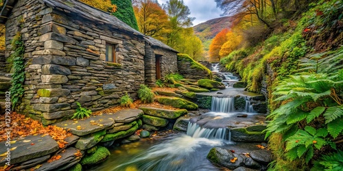 Rustic Hillside Stream Old Slate Wall Macro