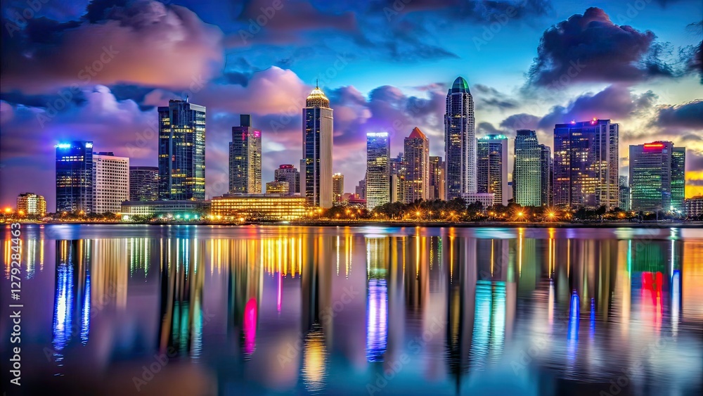 Fototapeta premium San Diego Skyline Night Low Light Photorealistic AI Art