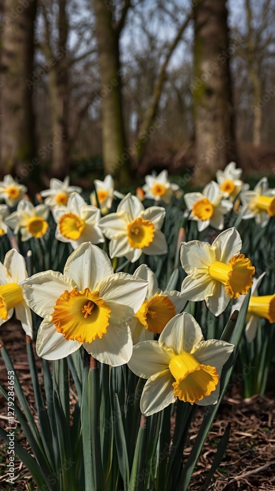 Obraz premium daffodils in spring, daffodils in the garden, Daffodils shining in the sun