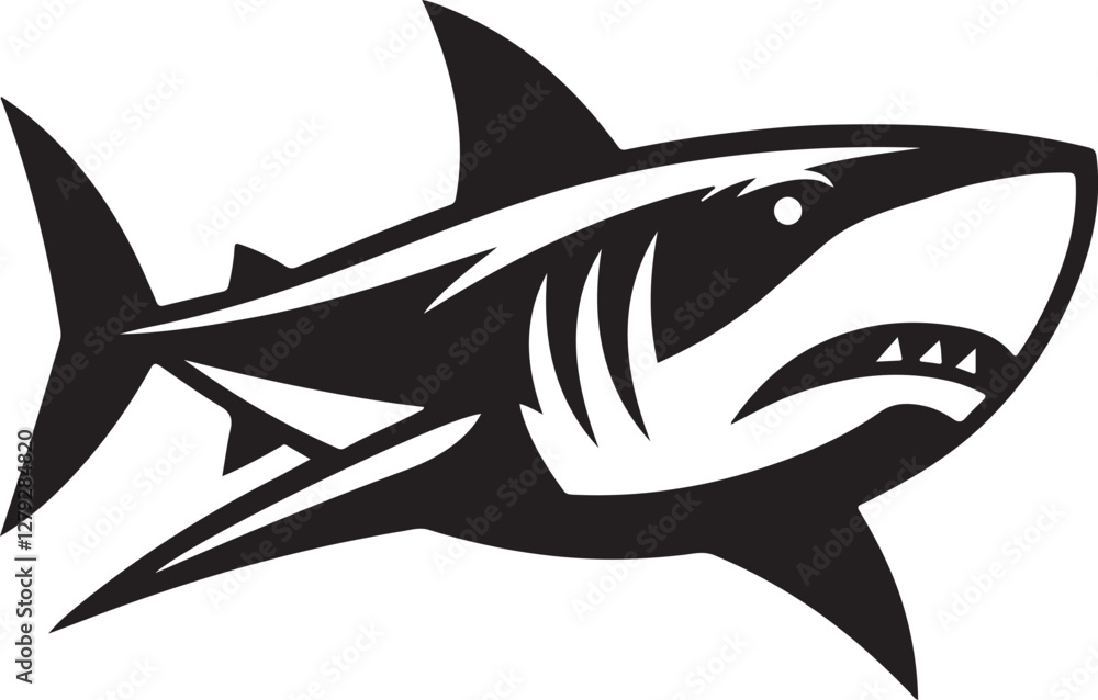 Fototapeta premium Shark silhouette vector icon. Bold marine predator design, perfect for logos, tattoos, decor, and ocean-themed projects. Isolated EPS file, easy to edit.