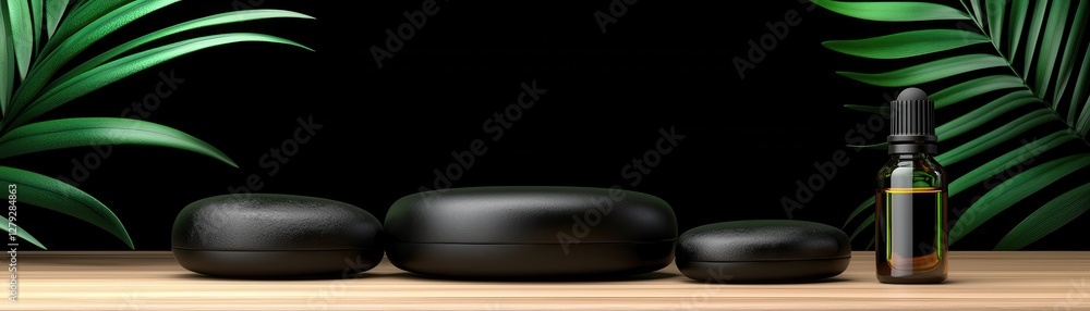 A tranquil wellness setup with stones and essential oil. A tranquil wellness setup with stones and essential oil.