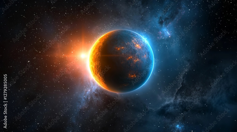 Naklejka premium A stunning view of a distant planet illuminated by sunlight, showcasing vibrant colors against a cosmic backdrop.