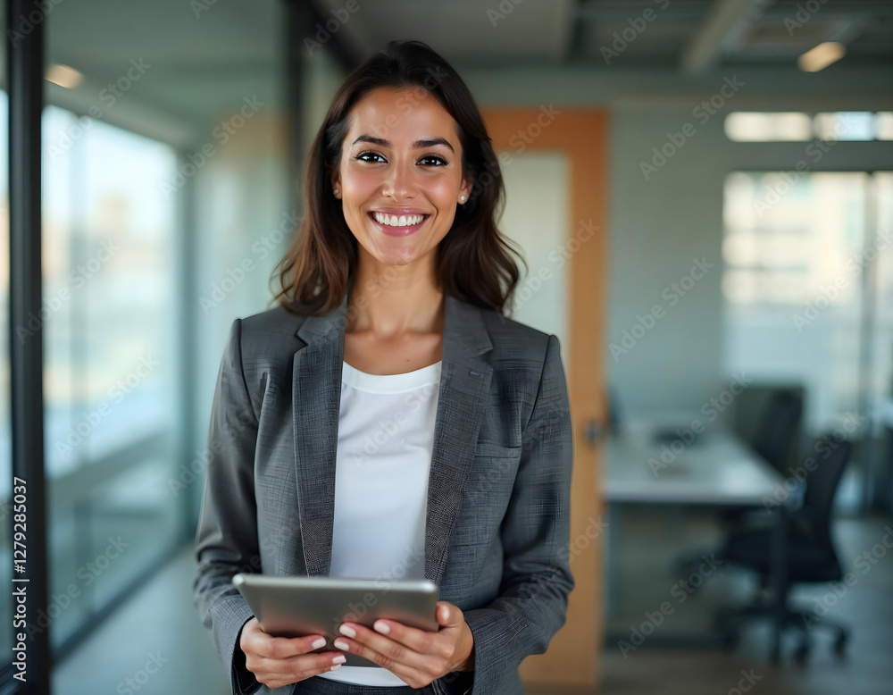 Young Hispanic businesswoman standing confidently in a bright modern office. Smiling corporate leader, professional manager, or ambitious entrepreneur looking at the camera while holding a tablet