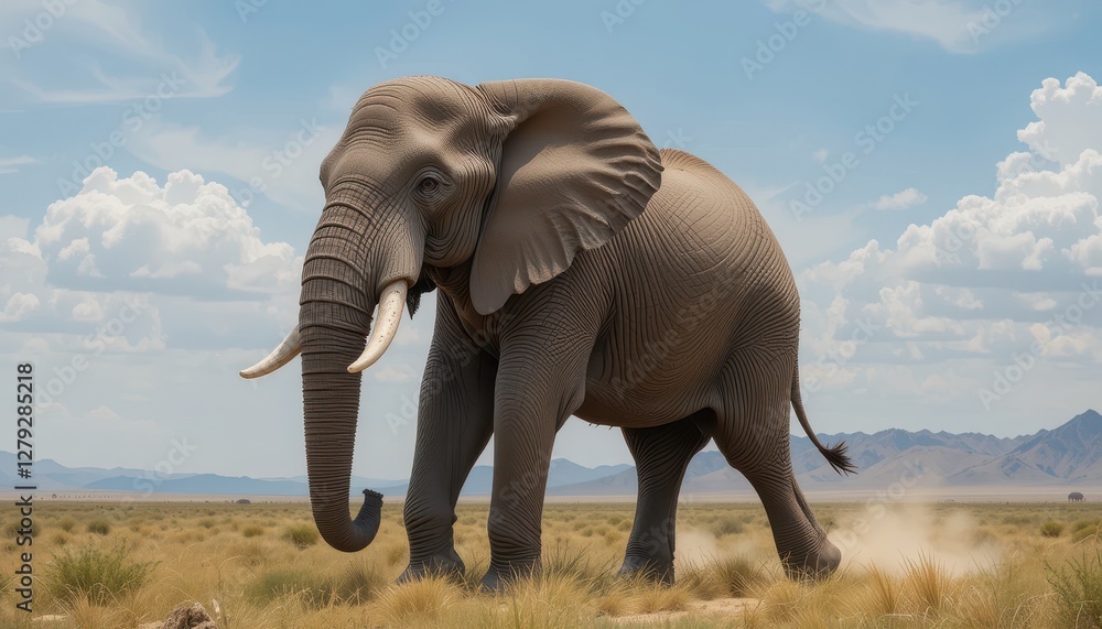 Obraz premium Majestic Elephant Walking Through Golden Grassland Under Blue Sky