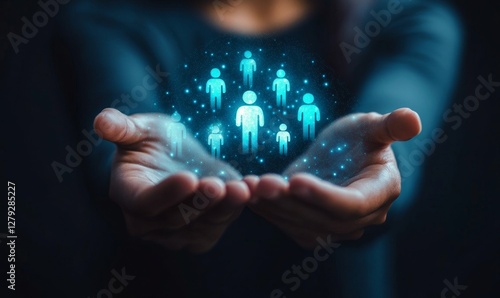 Human Resource Management Concept Illustration: Hand Holding Digital People Icons for Recruitment, Training, Conflict Resolution, and Organizational Culture in Business