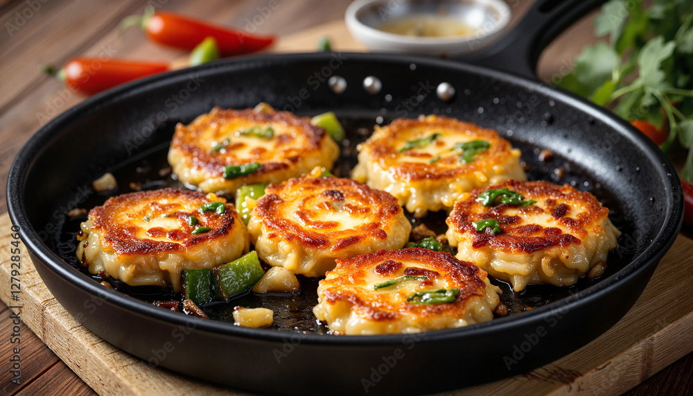 Sizzling conch fritters cooking in frying pan, vibrant kitchen scene Sizzling conch fritters cooking in frying pan, vibrant kitchen scene
