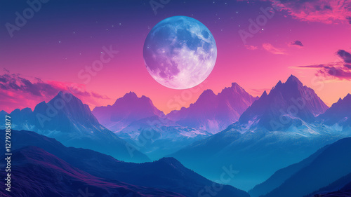 Fantastic mountain landscape with huge moon background.. Sunrise or sunset concept poster. Digital illustration. AI artwork.