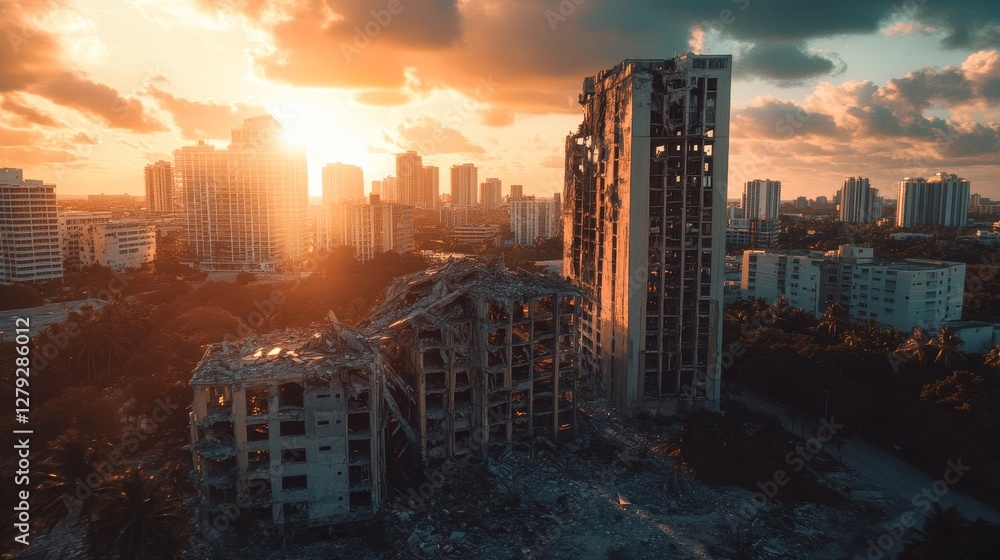 Obraz premium Devastation of a City Skyline at Sunset Reveals Remnants of Collapsed Buildings and Ongoing Recovery Efforts in an Urban Landscape
