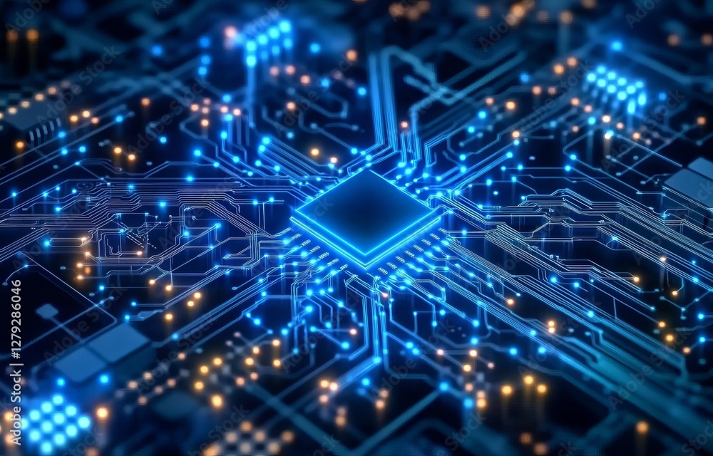 A blue circuit board with glowing connections leading to a chip in the center, symbolizing AI technology and data flow concepts. A blue circuit board with glowing connections leading to a chip in the center, symbolizing AI technology and data flow concepts.