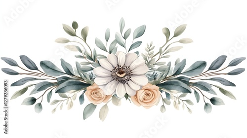 Wallpaper Mural Elegant Watercolor Floral Bouquet with White Daisies and Peach Roses on White Background Torontodigital.ca