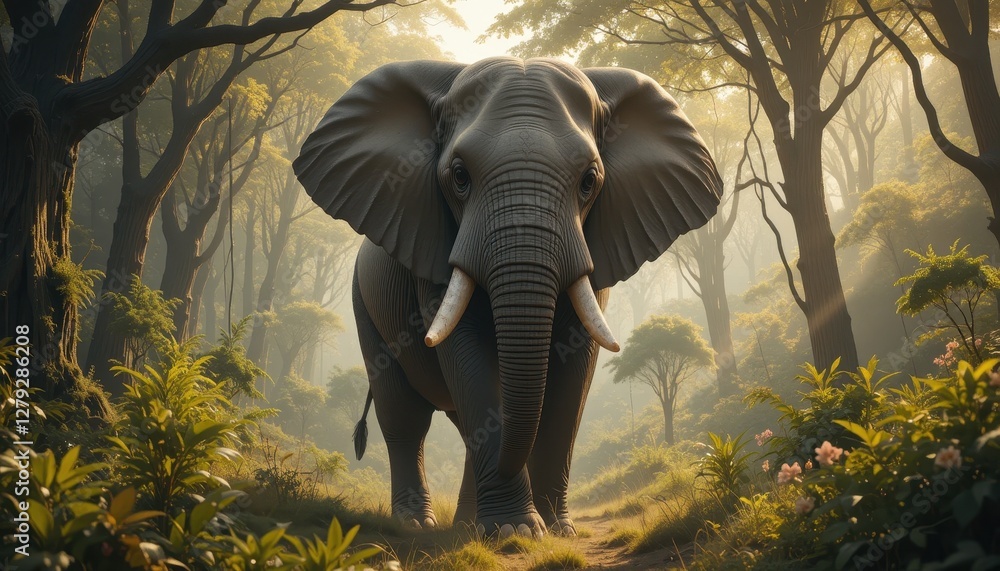 Fototapeta premium Majestic Elephant Surrounded by Lush Green Forest in Sunrise Light