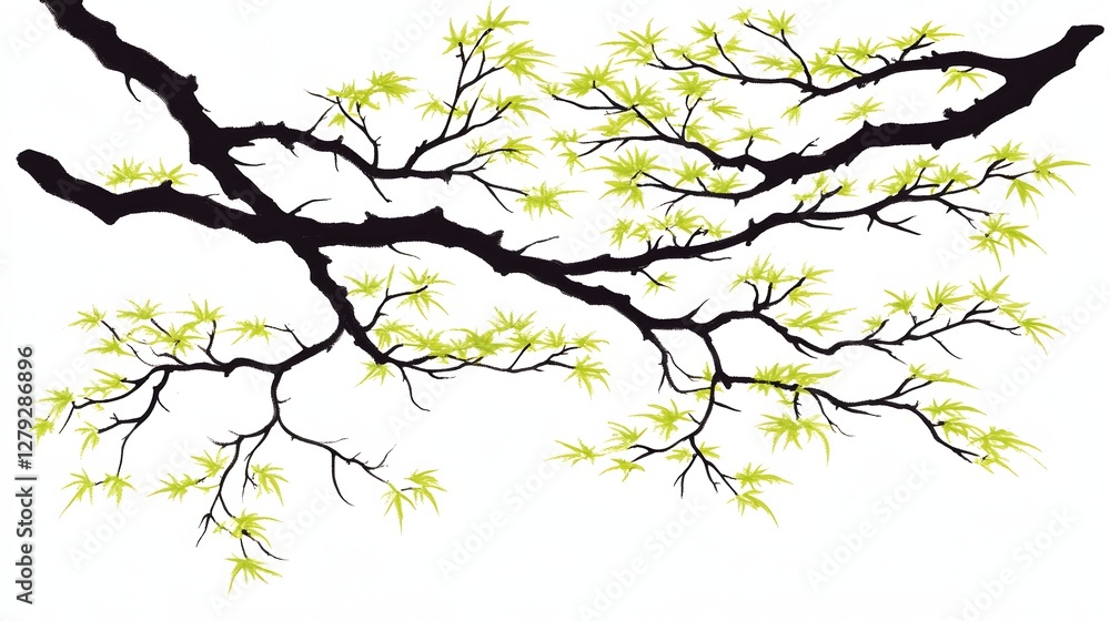 Monochrome Graphic Tree Branch with Delicate Green Leaves and White Background Monochrome Graphic Tree Branch with Delicate Green Leaves and White Background