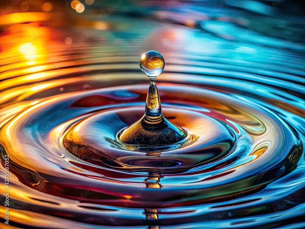 Single Water Droplet Ripples, Nature Tranquility, Textured Surface Single Water Droplet Ripples, Nature Tranquility, Textured Surface