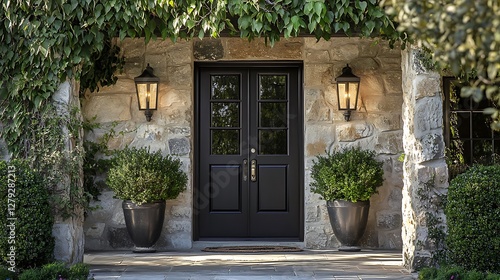 Wallpaper Mural Elegant dark double door entryway of a stone house with flanking potted plants and wall-mounted lights. Torontodigital.ca